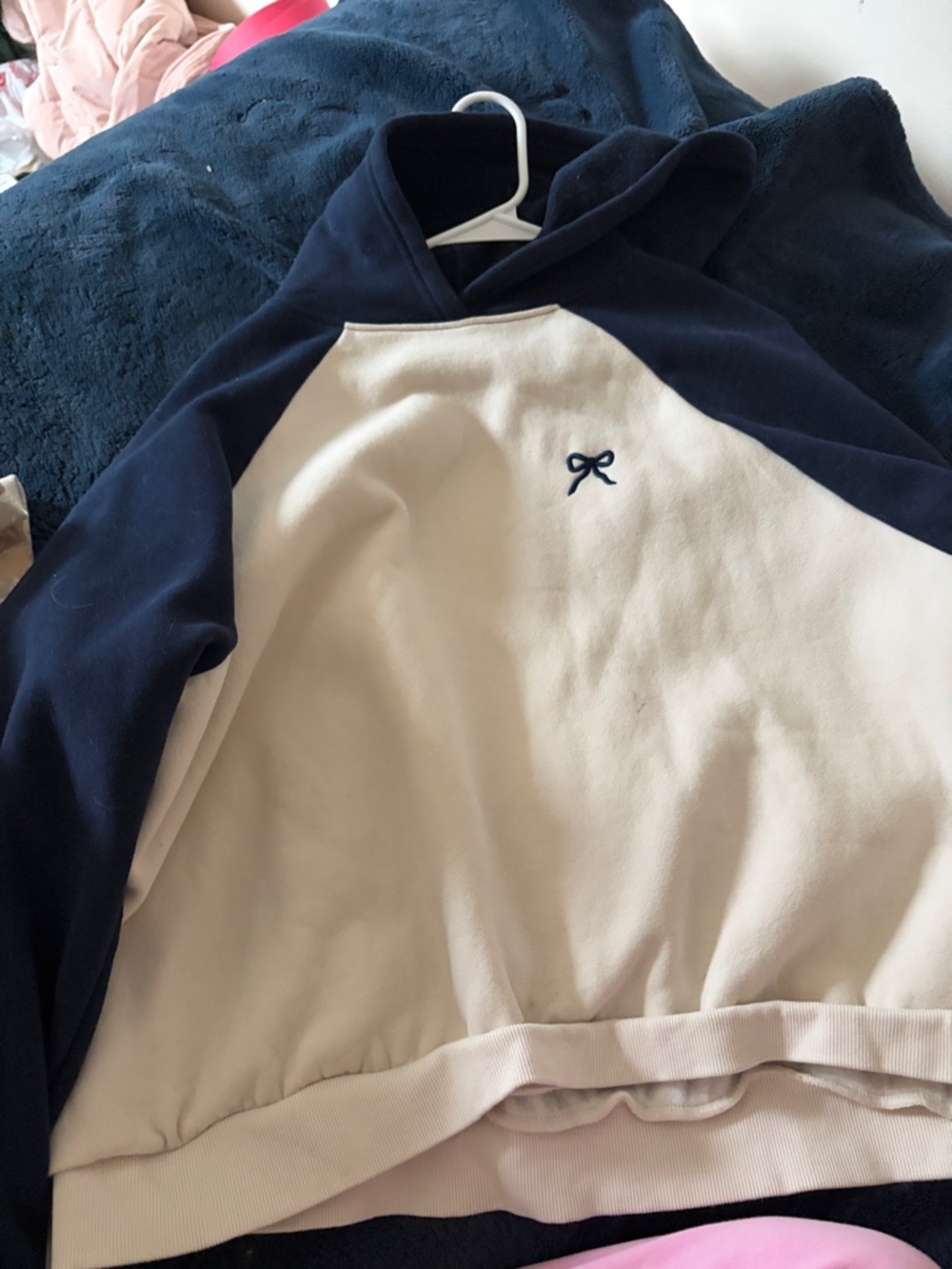 Edikted Navy and Cream Raglan Hoodie Sweatshirt